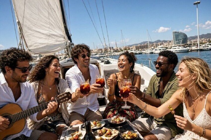 A group of people on a sailboat, holding drinks and a guitar, with a marina and buildings in the background. 5