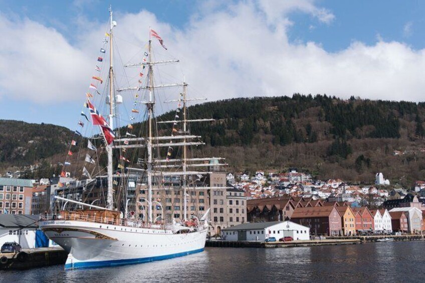 A tall ship docked at a harbor with a town in the background. 5