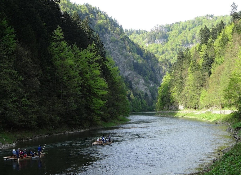 A river with a boat carrying people, surrounded by dense forest and hills. 2