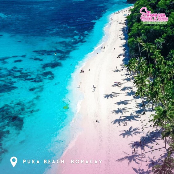A beach with clear turquoise water, white sand, and palm trees. 3