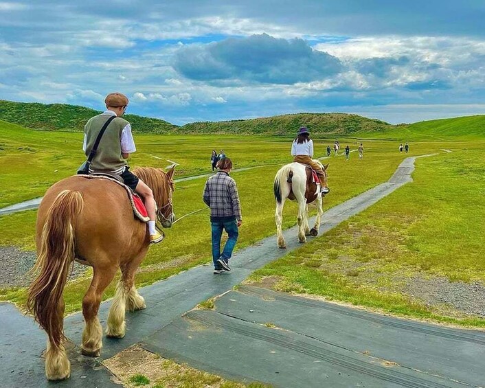 A group of people riding horses on a paved path through a grassy field with hills in the background. 3