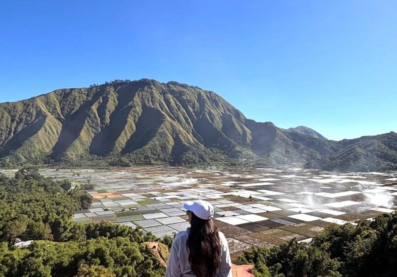 A person overlooking a terraced agricultural field with mountains in the background. 2