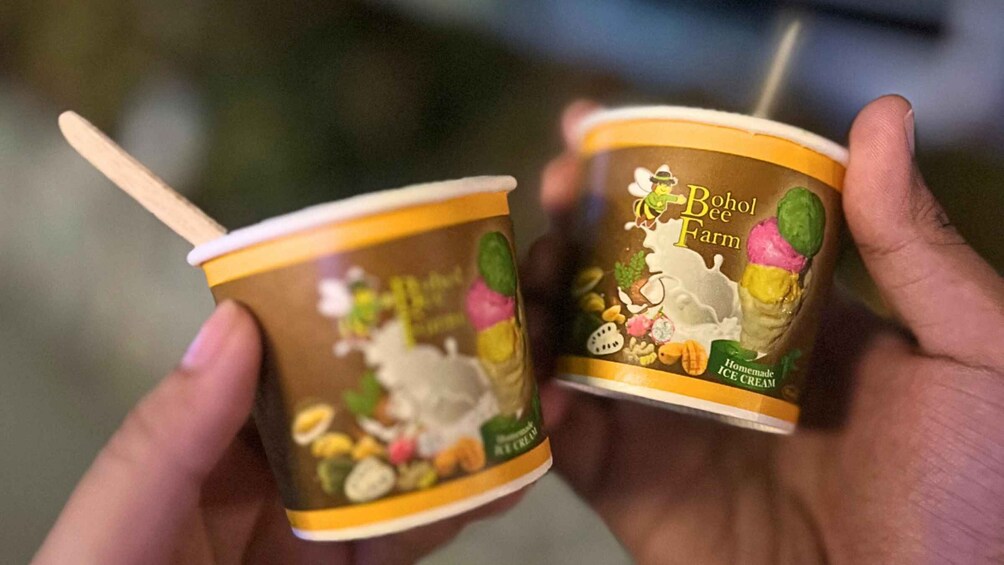 Two small cups of Bohol Bee Farm ice cream held in hands. 3