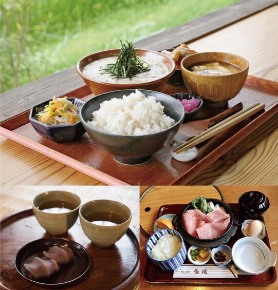 A variety of Japanese dishes including rice, soup, and sashimi on wooden trays. 3
