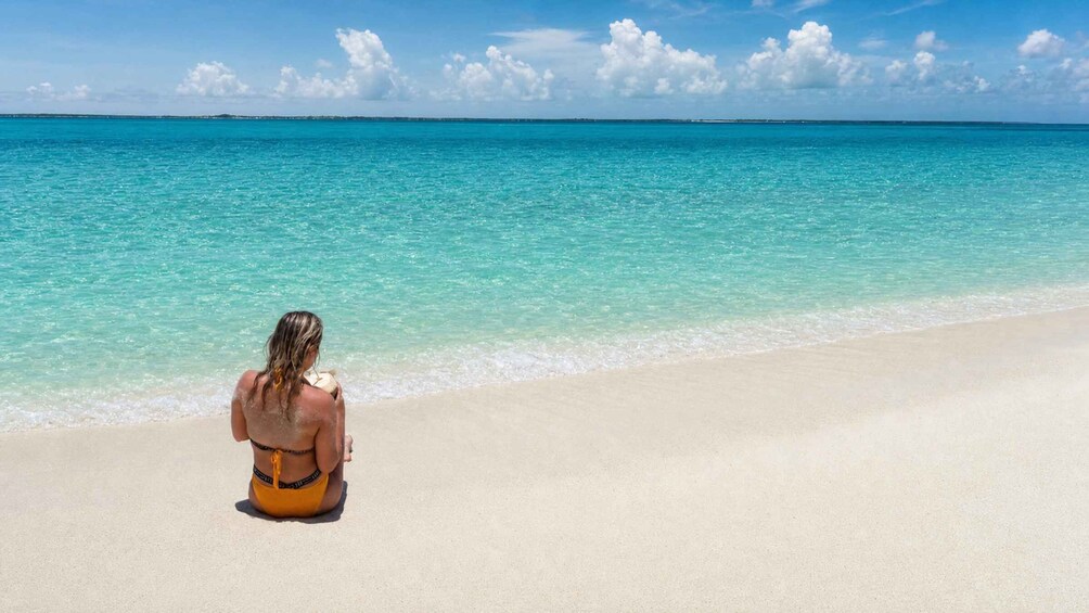 A person sitting on a sandy beach facing the ocean. 4