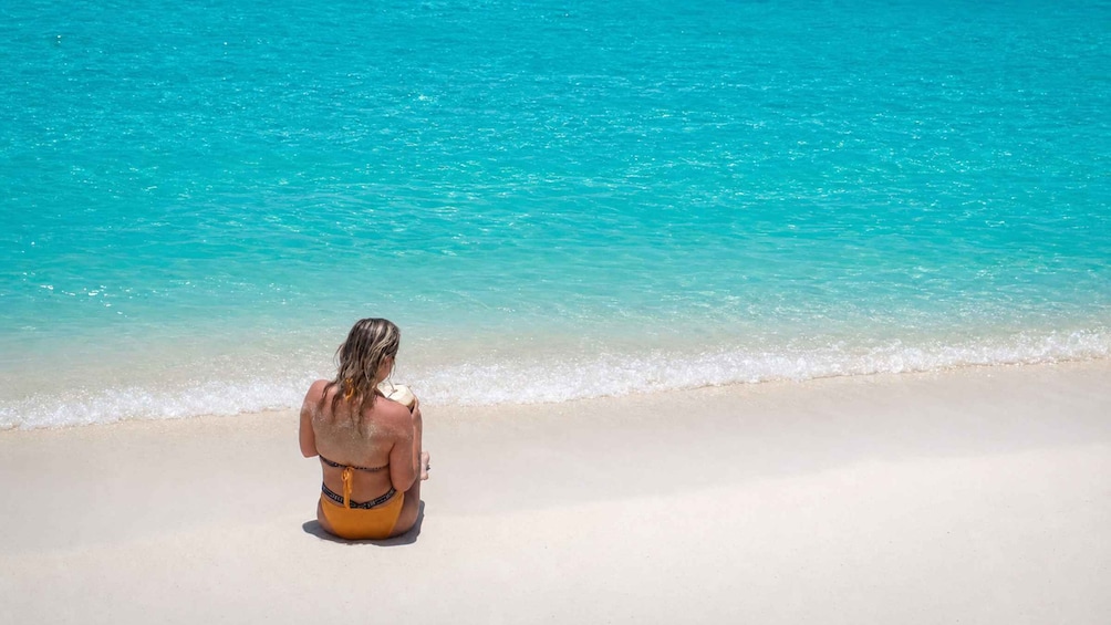 A person sitting on a sandy beach facing the ocean. 2