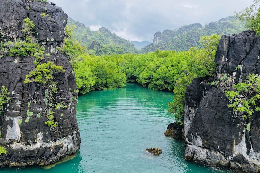 A river flanked by rocky cliffs with lush greenery. 5