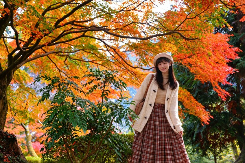 A person standing in a park with autumn foliage. 1