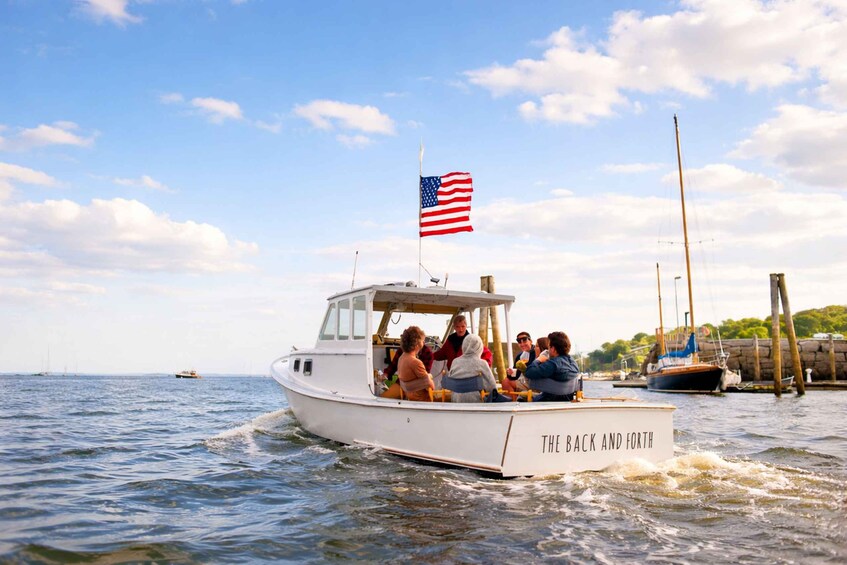 A white boat with an American flag, people on board, and other boats in the background. 5