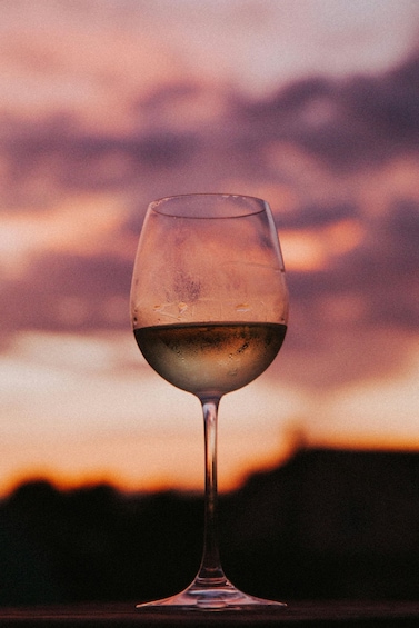 A wine glass with a sunset in the background. 2