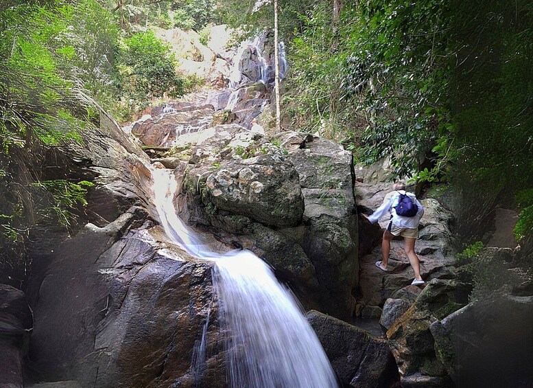 A waterfall cascading over rocks in a forested area. 3
