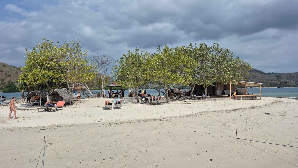 A beach with people relaxing under trees, a small hut, and a wooden structure. 3