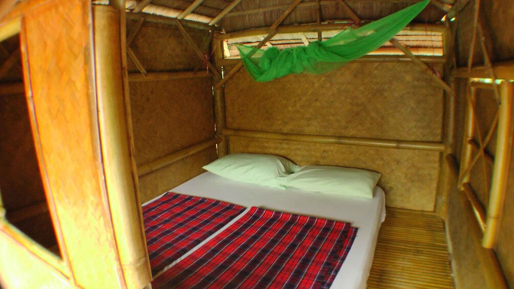 A bed with a red and black striped blanket, a green hanging hammock, and a wooden headboard. 2