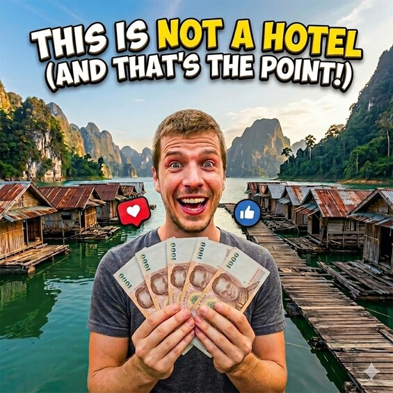 A person holding money in front of floating wooden structures on water with mountains in the background. 1