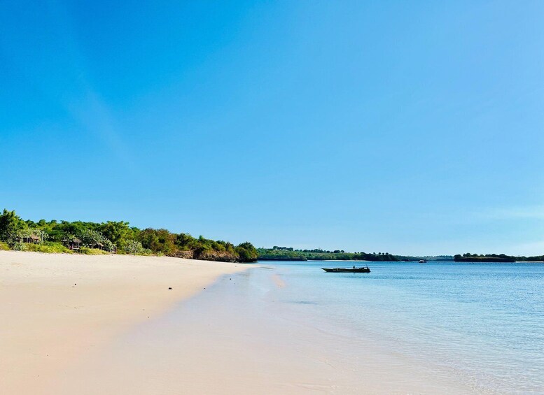 A beach with a boat on the water, a sandy shore, and greenery in the background. 2