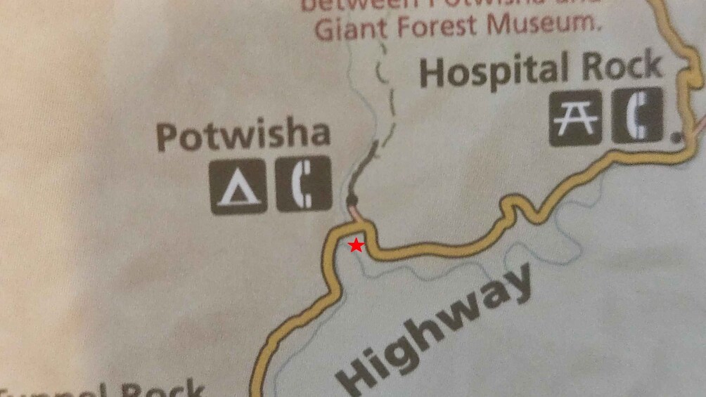 A map with Potwisha, Hospital Rock, and a highway. 2