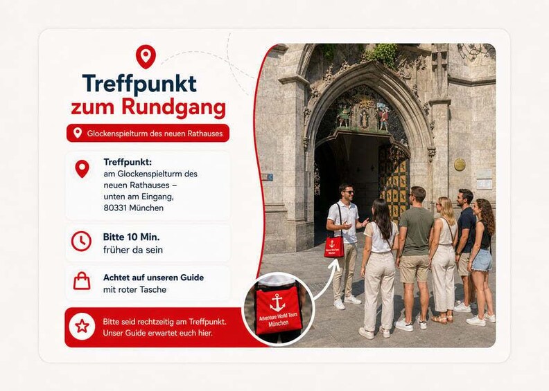 A group of tourists at the entrance of a historic building, guided by a person wearing a red Adventure World Tours backpack. 3