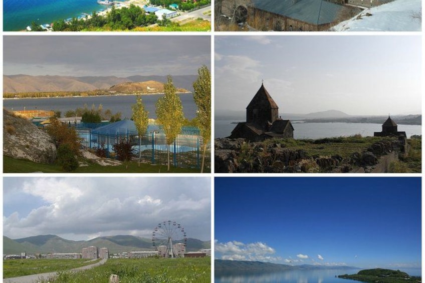 A coastal landscape with a church, a lake, and a Ferris wheel. 2