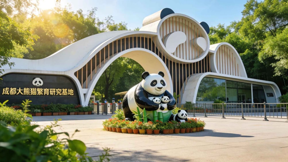 A panda sculpture with two pandas, surrounded by plants, in front of a modern building with a curved design. 1