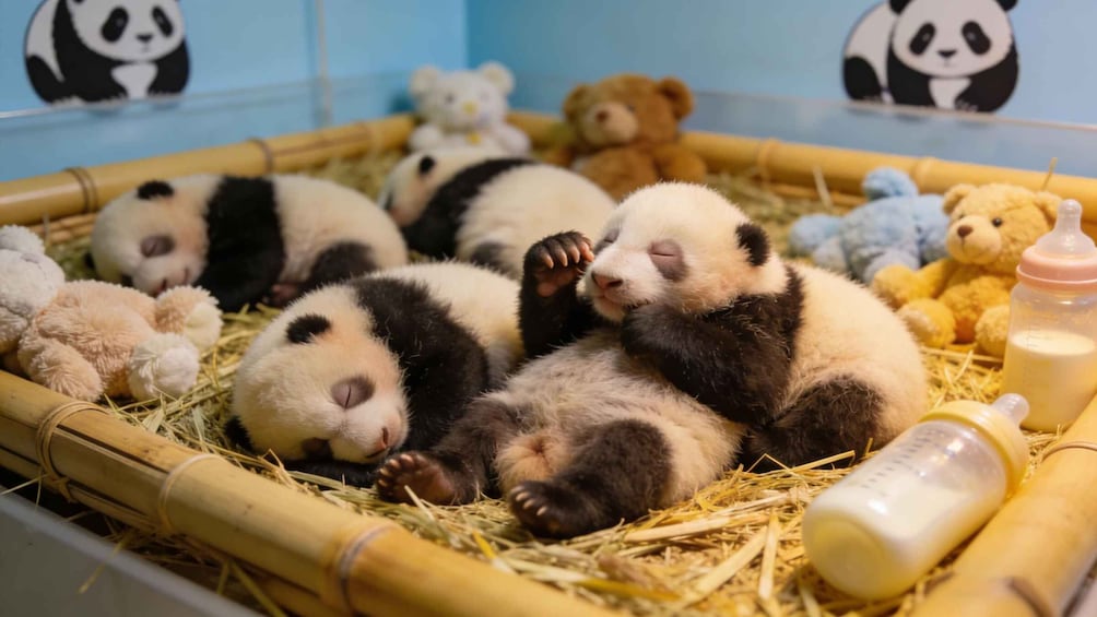 A group of panda cubs resting in a bamboo enclosure with toys and a baby bottle. 3