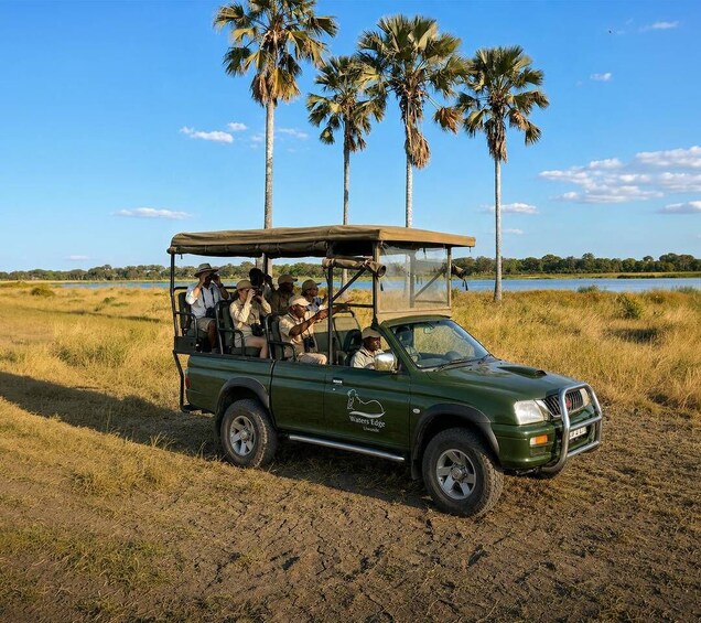 A green safari vehicle with passengers, parked in a grassy area with palm trees and a body of water in the background. 1