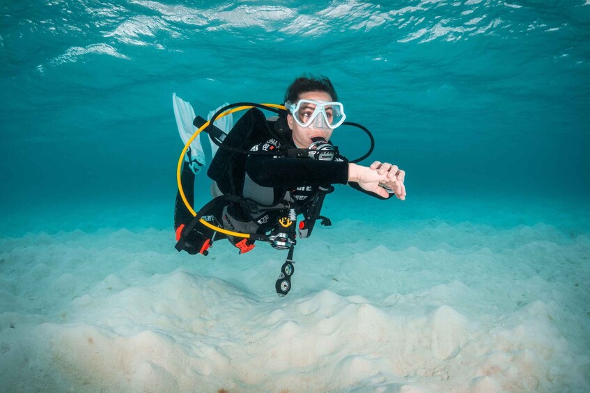 A person scuba diving underwater with a snorkel and fins. 3
