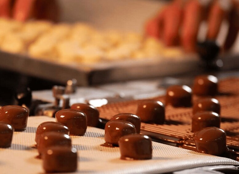 A variety of confections, including chocolate-covered items and pastries, on a table. 1