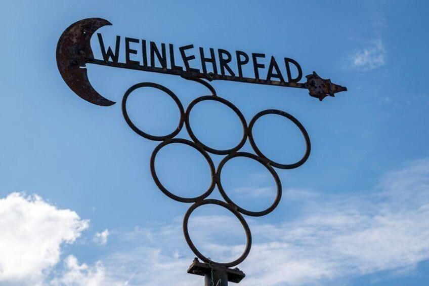 A sign with the Olympic rings and the name 'WEINLEHRPFD' against a blue sky. 1