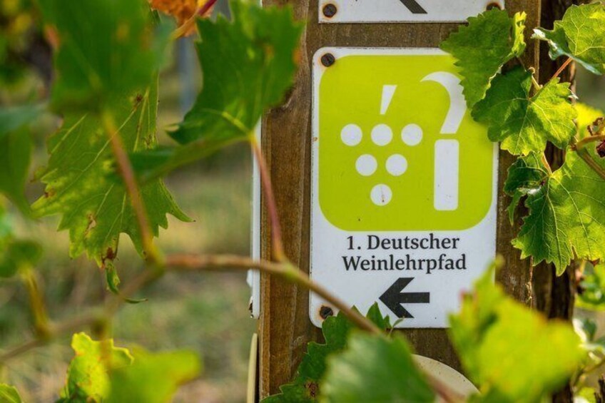 A sign with a symbol of grapes and text indicating a German wine route. 2