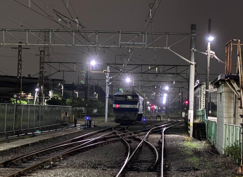 A train at a railway junction with multiple tracks and overhead electrical lines. 3