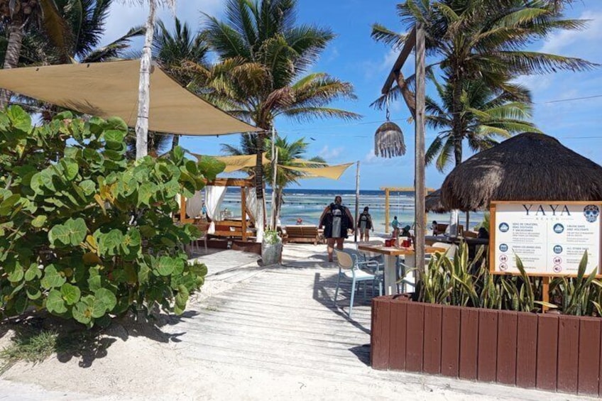 A beachside area with palm trees, a thatched-roof structure, and a wooden walkway leading to the ocean. 3