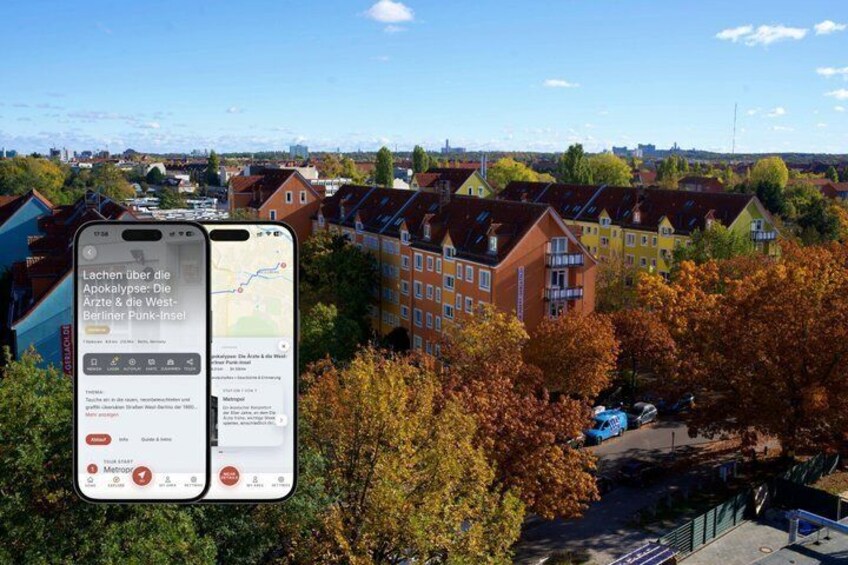 A smartphone displaying a map application with a view of a residential area with autumn-colored trees and houses. 1
