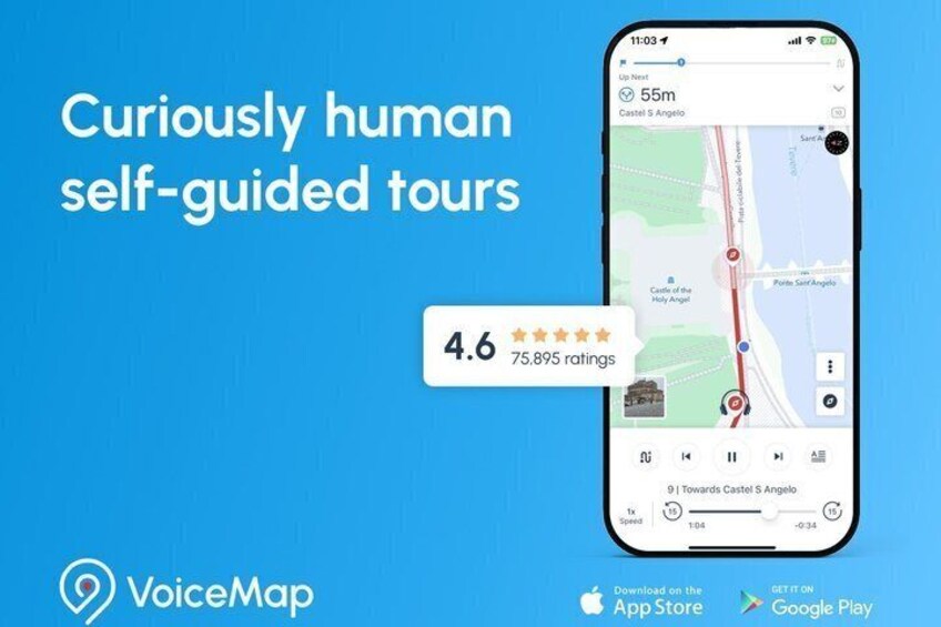 A smartphone displaying a map with a rating of 4.6 stars and 75,895 ratings. 2