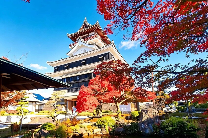 Un bâtiment japonais traditionnel, doté d’un toit à plusieurs niveaux, entouré d’un feuillage automnal et d’un jardin aménagé. 1