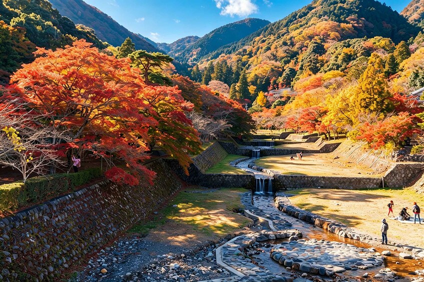 Un paysage automnal magnifique, avec un sentier de pierres, une petite cascade et des personnes qui profitent de la vue. 5