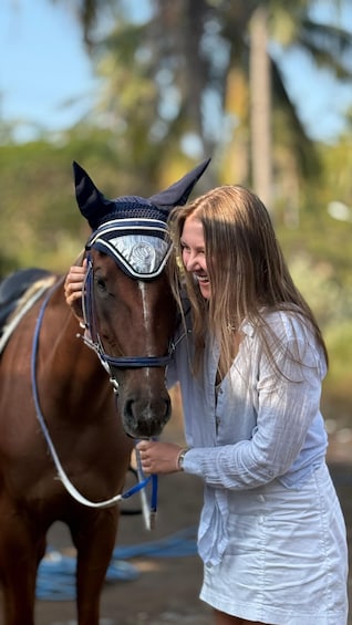 A person petting a horse. 1