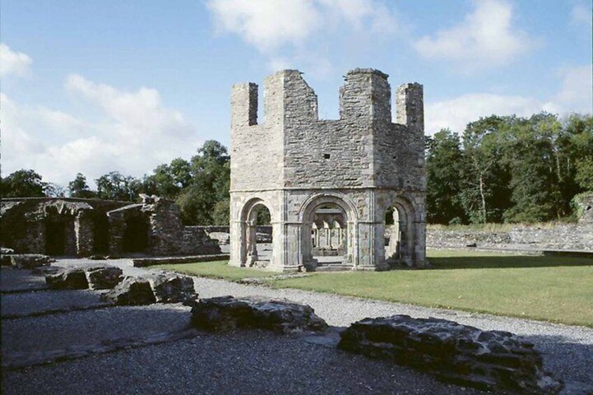 A stone castle ruin with arches and towers, surrounded by grass and trees. 3