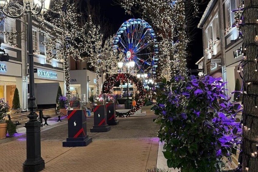 A Ferris wheel, illuminated buildings, and decorative lights. 1