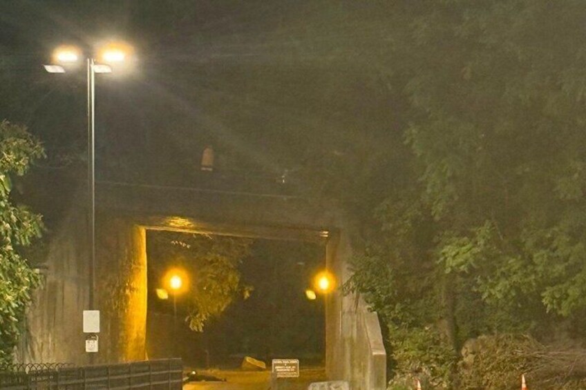 A tunnel entrance with overhead lights and a sign. 3