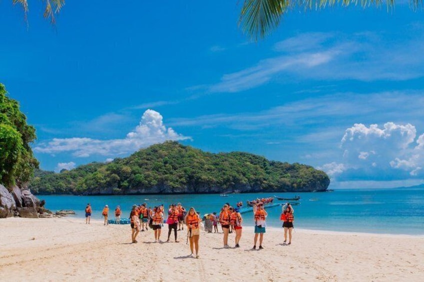 A beach with people in orange life vests, a clear blue sky, and a green island in the background. 5