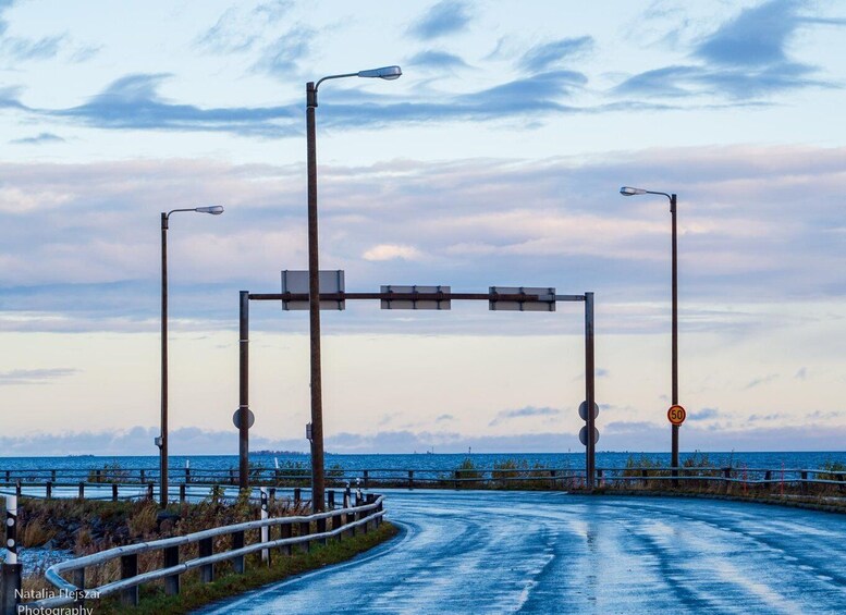 A coastal road with street lamps, a speed limit sign, and a view of the sea. 4