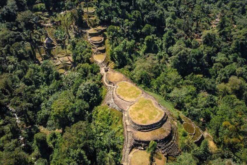An aerial view of terraced fields and a circular structure surrounded by dense forest. 5