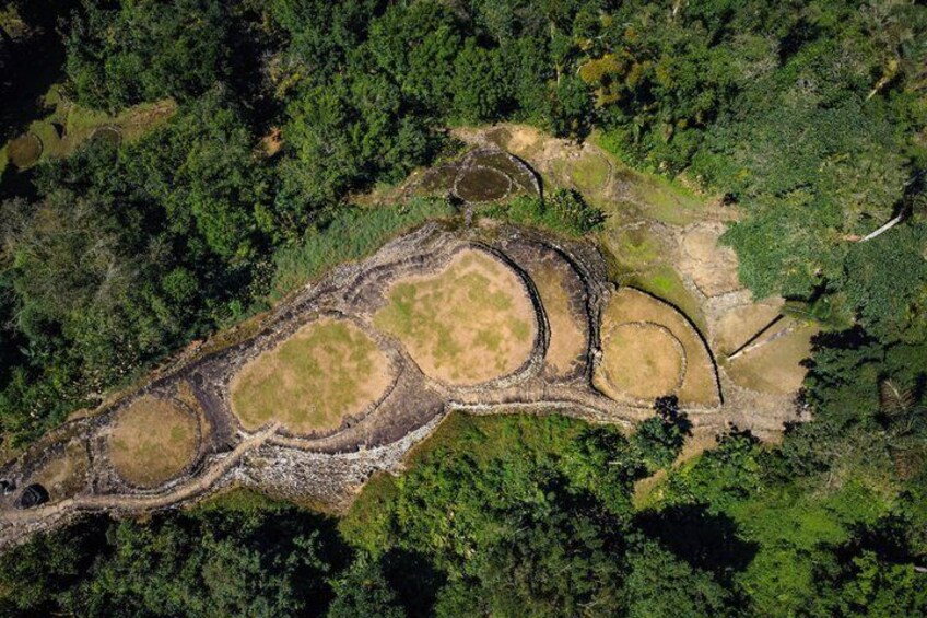 An aerial view of a forested area with clearings and circular patterns, possibly indicating human activity or natural formations. 3