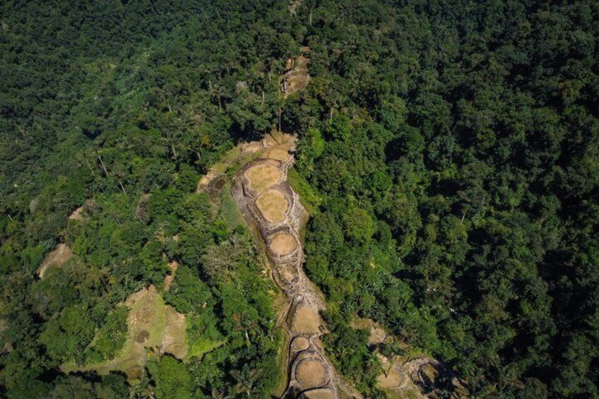 An aerial view of a river winding through a dense forest with clearings and a series of ponds or lakes. 2