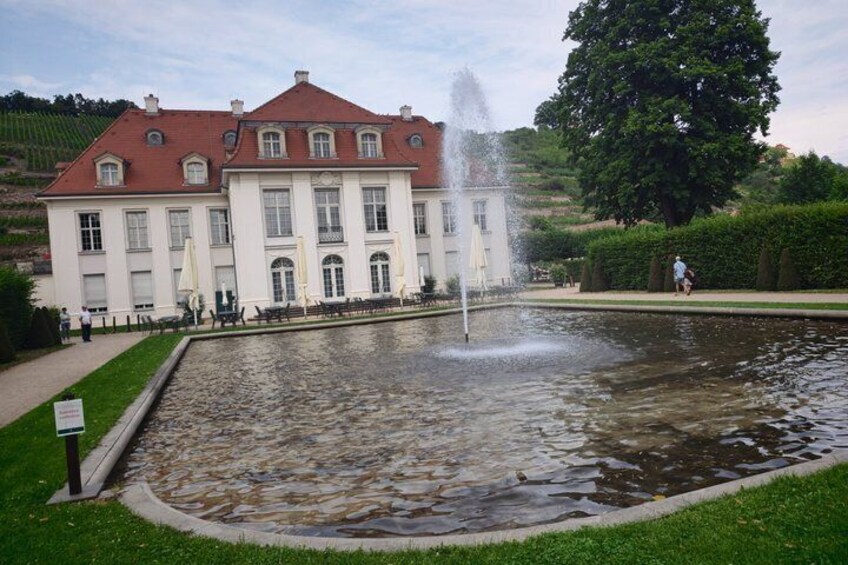 A large building with a fountain in front, surrounded by a well-maintained lawn and a large tree. 5