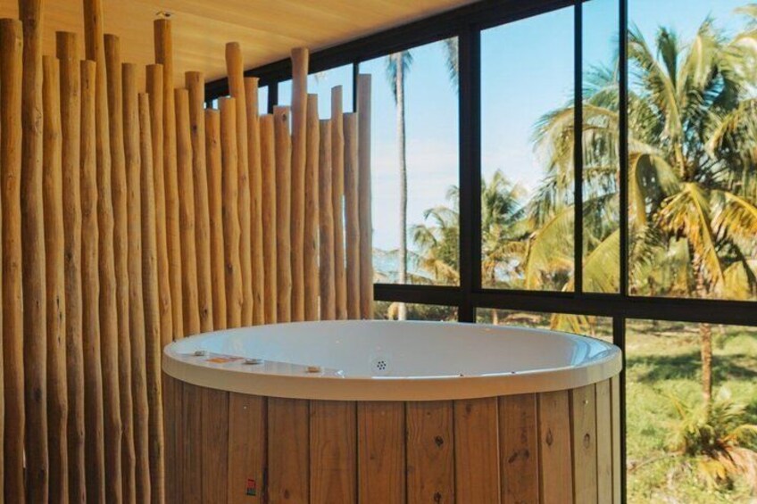 A wooden spa tub by a window with a view of palm trees. 2