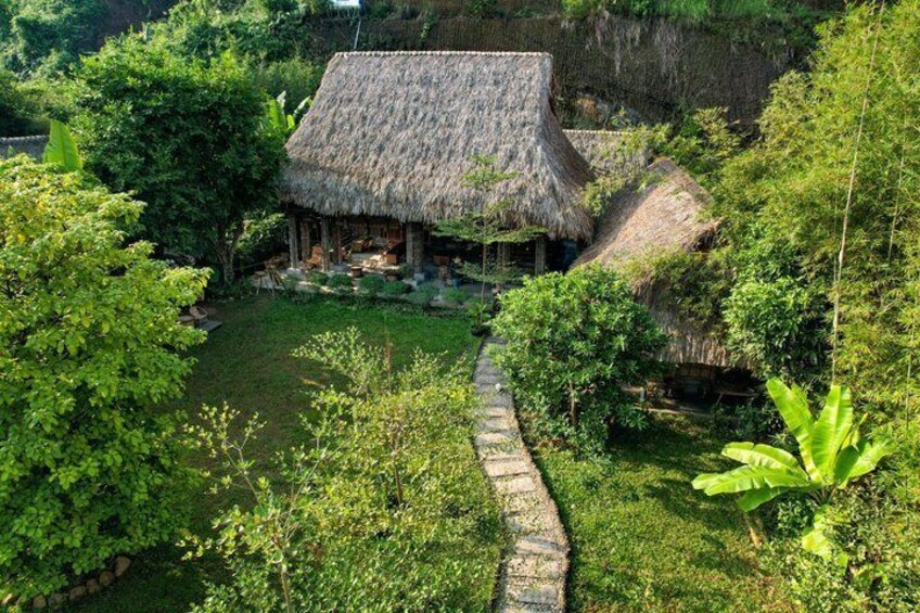 A thatched-roof house surrounded by lush greenery and a stone pathway. 1