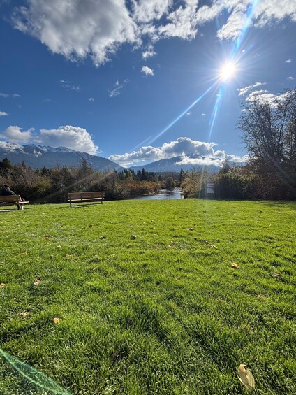 A grassy field with a bench, a river, and mountains in the background. 2