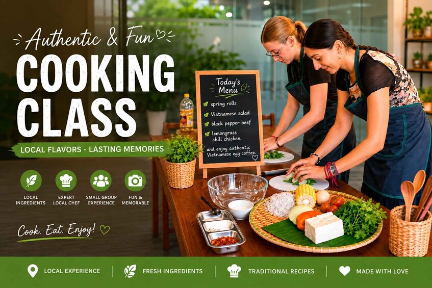 A cooking class with a menu board listing items like spring rolls and Vietnamese egg coffee. 1