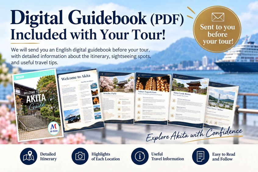 A digital guidebook for a tour in Akita, Japan, including details about the itinerary, sightseeing spots, and travel tips. 2